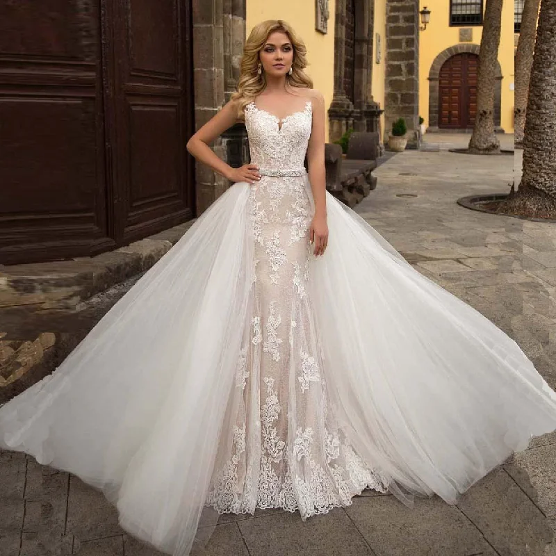 Pearl Embellished Dress Mermaid Appliques Lace Beading Crystal Belt 2 Pieces Wedding Dress Pearl Embellished Dress Mermaid Appliques Lace Beading Crystal Belt 2 Pieces Wedding Dress