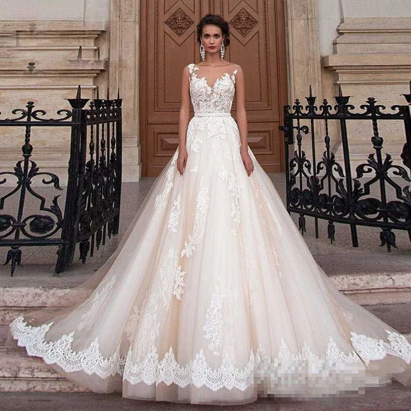 Beautiful Wedding Gown Transparent Scoop Champagne Wedding Dresses