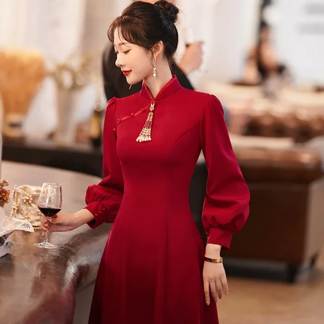 Couture Wedding Gown Puff Sleeve A-line Knee Length Cheongsam Toasting Dress Wedding Gown Couture Wedding Gown Puff Sleeve A-line Knee Length Cheongsam Toasting Dress Wedding Gown