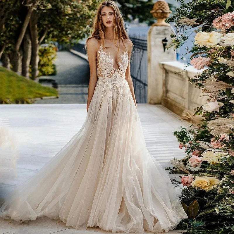 Timeless Lace Dress Boho Bridal Gown - Deep V-Neck A-Line Evening Dress with Lace Appliques Timeless Lace Dress Boho Bridal Gown - Deep V-Neck A-Line Evening Dress with Lace Appliques