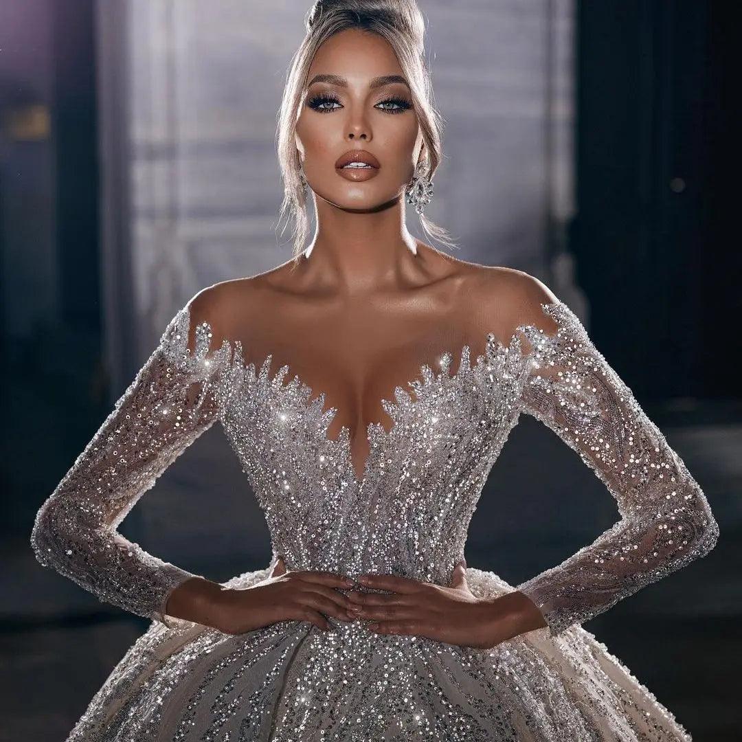 Asymmetrical Hem Dress Luxury Strapless Princess Wedding Gown with Beaded Illusion Sleeves and Deep V-Neck Asymmetrical Hem Dress Luxury Strapless Princess Wedding Gown with Beaded Illusion Sleeves and Deep V-Neck
