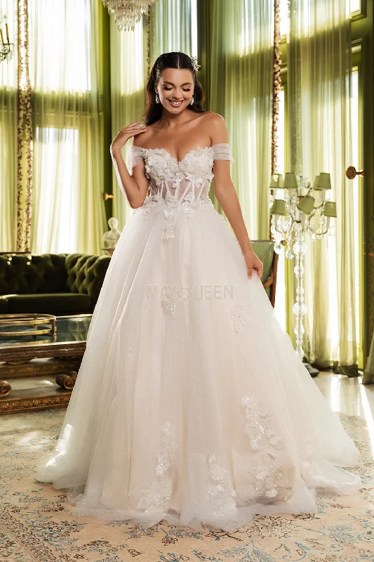 Gold Embroidered Dress May Queen LK244 - Off-Shoulder 3D Flower Embellished Ballgown