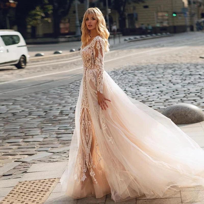 Hand-Stitched Lace Dress 2-in-1 White Princess Luxury Wedding Dress with Detachable Train, Vintage Full Sleeves, Beaded Embroidery, O-Neck, and Button Back Hand-Stitched Lace Dress 2-in-1 White Princess Luxury Wedding Dress with Detachable Train, Vintage Full Sleeves, Beaded Embroidery, O-Neck, and Button Back