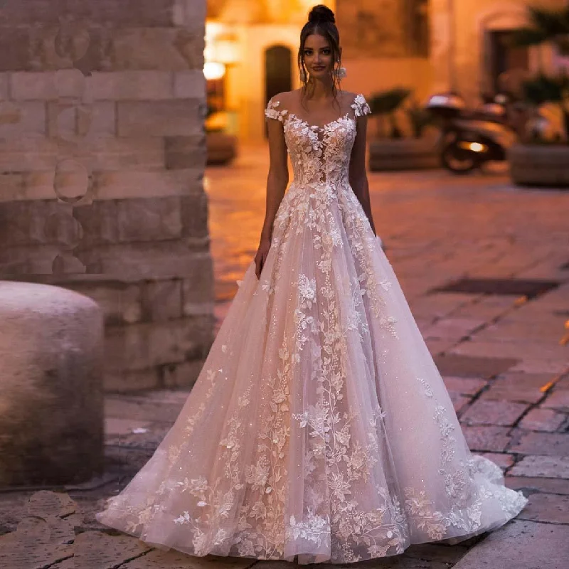 Luxury Gown Sexy A Line Lace Deep V neck Plus Size Beading Appliques Wedding Dress