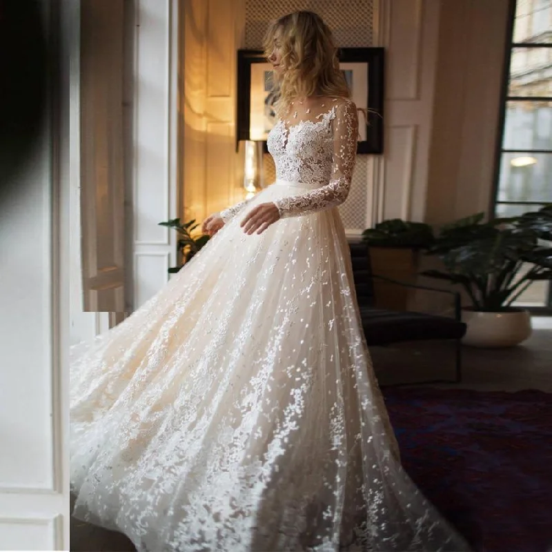 Off-Shoulder Dress Long Sleeves Open Back Champagne Wedding Dress