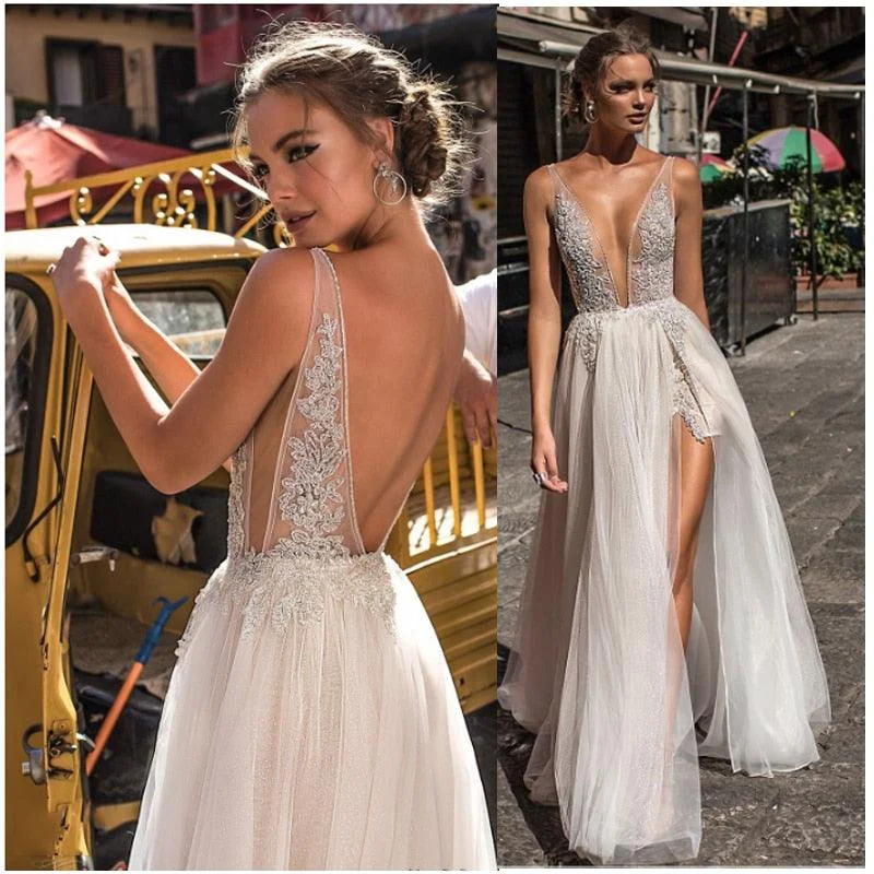 Grand Ballroom Gown Backless Lace Beach Wedding Dress