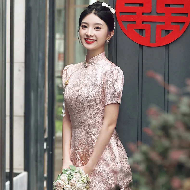 Floral Gown Short Sleeve A-line Knee Length Cheongsam Toasting Dress Wedding Gown