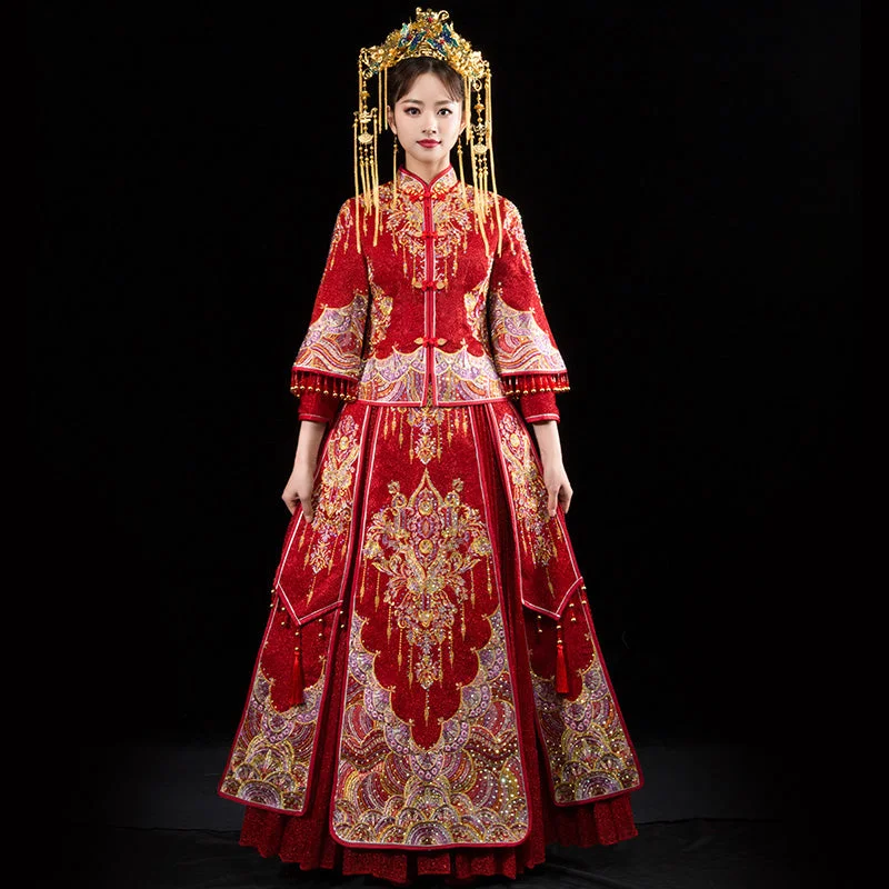 Sequin Wedding Gown Mandarin Sleeve Pleated Skirt Retro Embroidery Chinese Wedding Suit