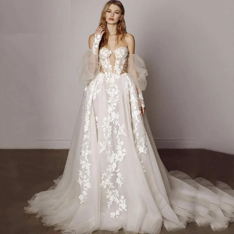 Feathered Gown Princess Illusion Wedding Dress with Deep V-Neck Corset & Sweep Train Feathered Gown Princess Illusion Wedding Dress with Deep V-Neck Corset & Sweep Train