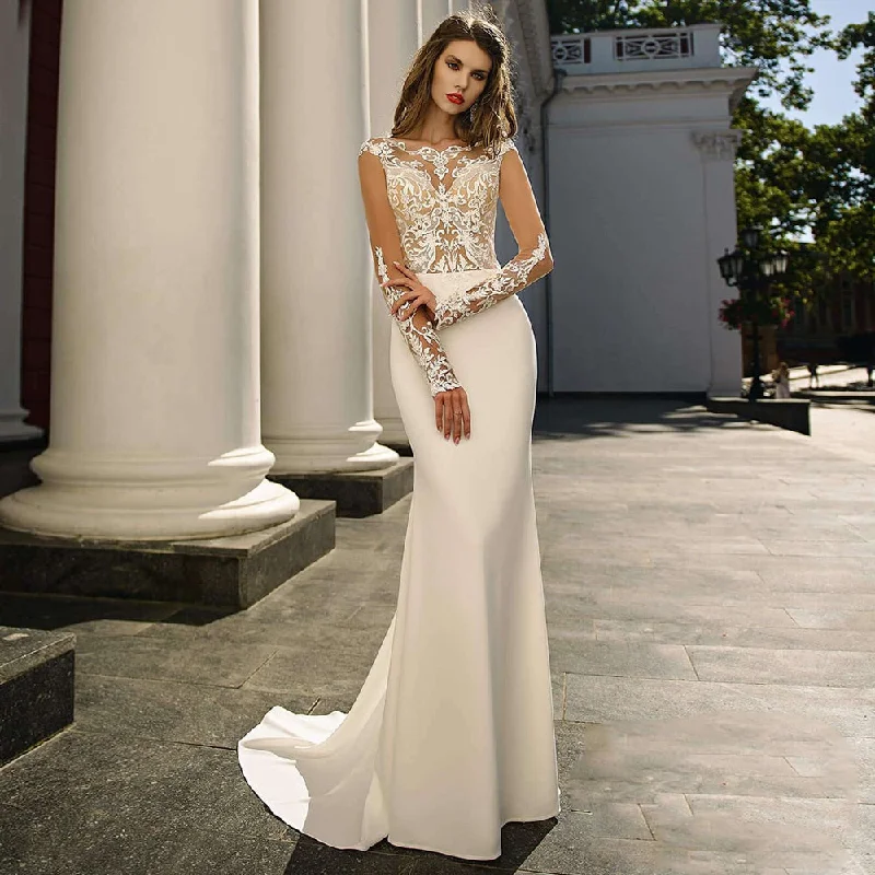 Ruffled Ball Gown Lace Long Sleeves Mermaid Wedding Dresses Bridal Gowns