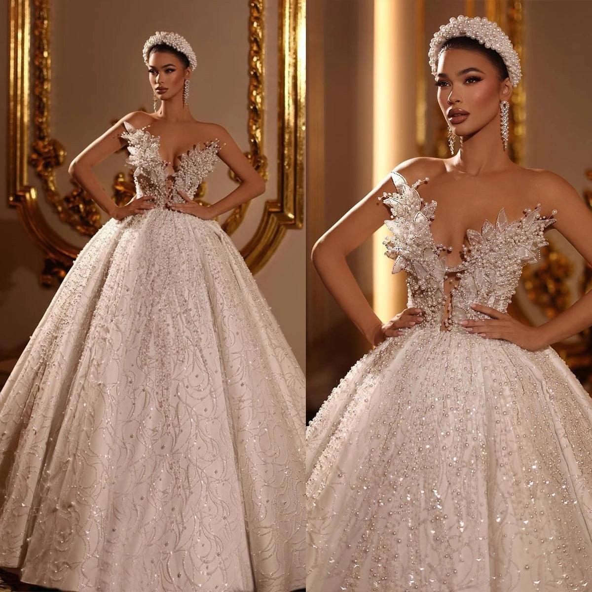 Wedding Gown Pearl Beaded Lace Wedding Dress - Custom V-Neck Gown