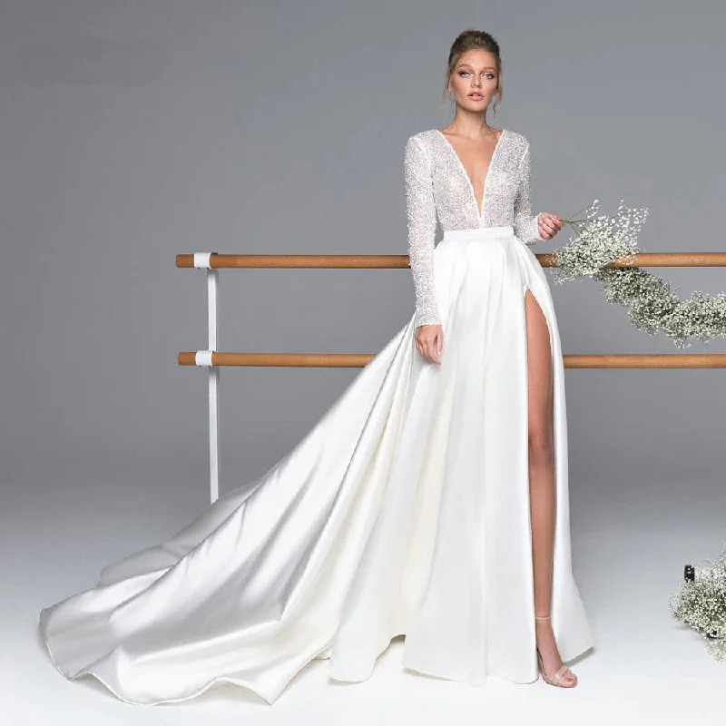 Sheer Sleeve Dress Luxury Long Sleeve Satin Wedding Dress