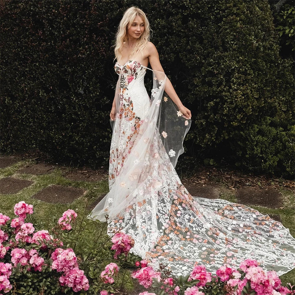 Tailored Wedding Dress 20058# Real Photos Colorful Flowers Embroidery Lace Wedding Dress Strapless Boho Low Back Customized Bridal Gown For Women 2024 Tailored Wedding Dress 20058# Real Photos Colorful Flowers Embroidery Lace Wedding Dress Strapless Boho Low Back Customized Bridal Gown For Women 2024