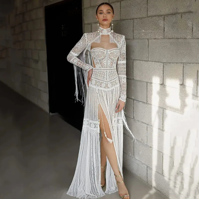 Tulle Ball Gown Boho Backless Wedding Dresses A-Line Long Sleeves Gowns