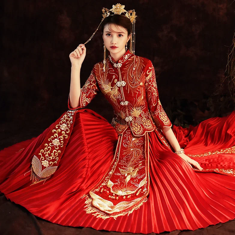 A-Line Dress Dragon & Phoenix Embroidery Pleated Skirt Traditional Chinese Wedding Suit A-Line Dress Dragon & Phoenix Embroidery Pleated Skirt Traditional Chinese Wedding Suit