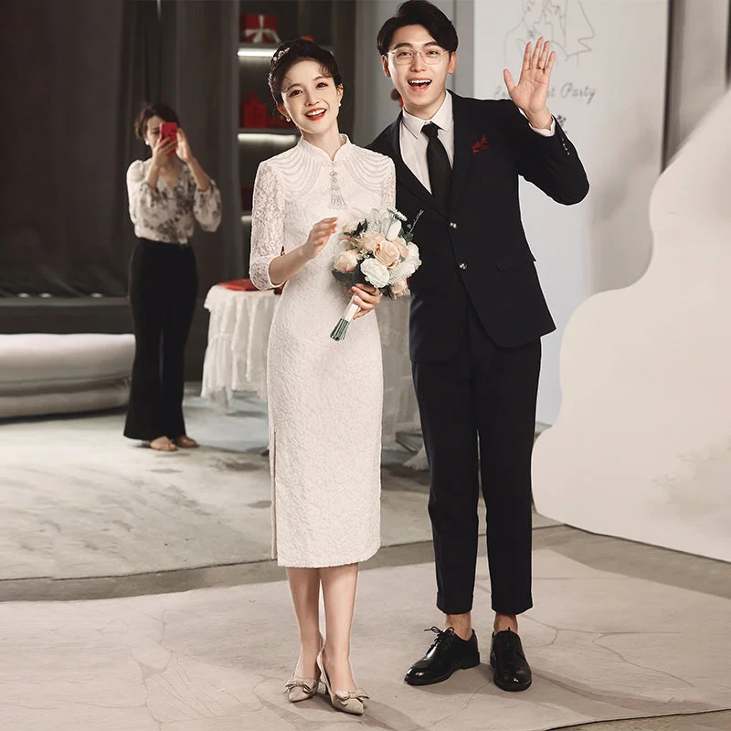 Beaded Dress Long Sleeve Floral Lace Cheongsam Toasting Dress Wedding Gown