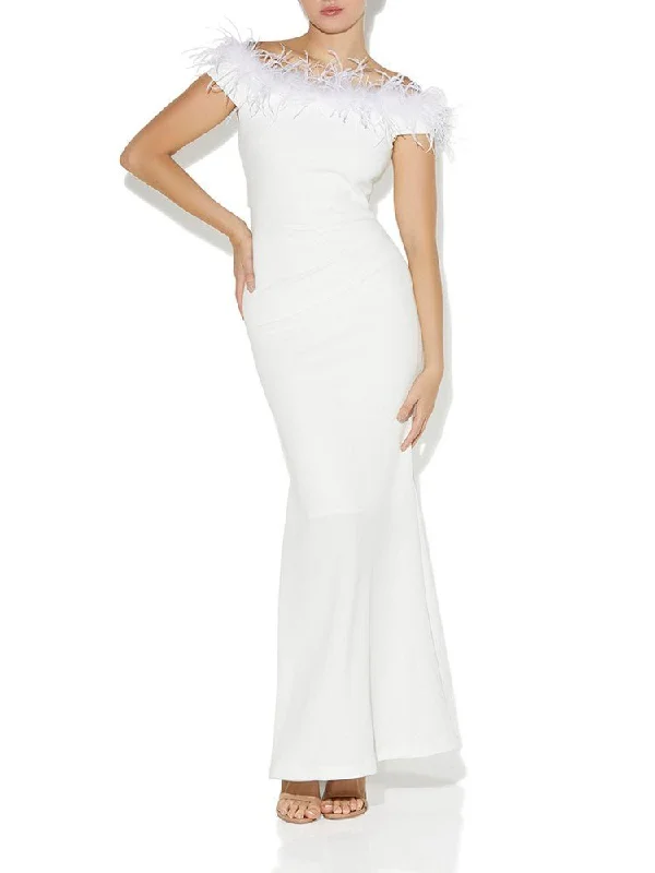 Chic Minimalist Dress Alessandra Ivory Feather Trim Gown