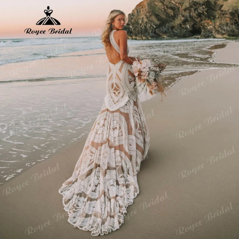 Regal Satin Gown Sexy Tassel Lace Backless Mermaid Boho Wedding Dress