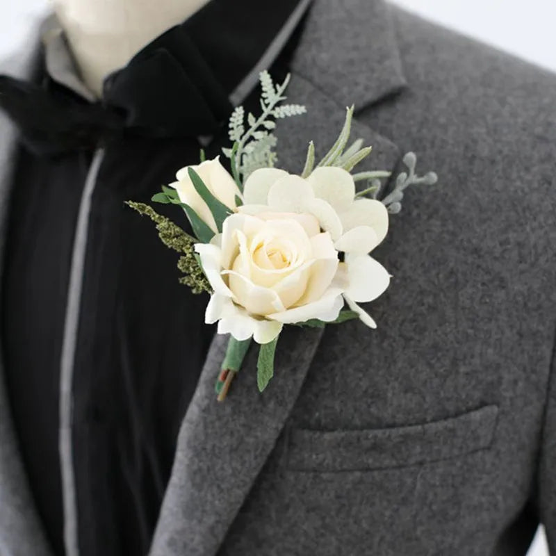 Lace Dress Boutonnieres Flowers Artificial White Roses Silk Ivory Corsage Buttonhole Groomsmen Boutonniere for Men Wedding Accessories Lace Dress Boutonnieres Flowers Artificial White Roses Silk Ivory Corsage Buttonhole Groomsmen Boutonniere for Men Wedding Accessories