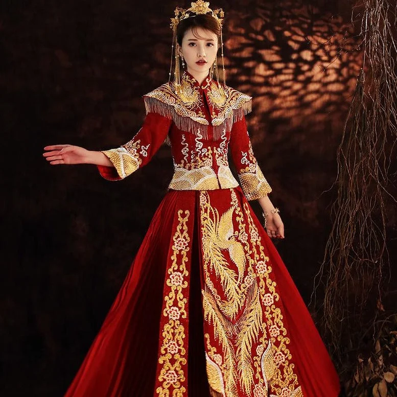 Custom Gown Phoenix Embroidery & Sequins Pleated Skirt Traditional Chinese Wedding Suit Custom Gown Phoenix Embroidery & Sequins Pleated Skirt Traditional Chinese Wedding Suit