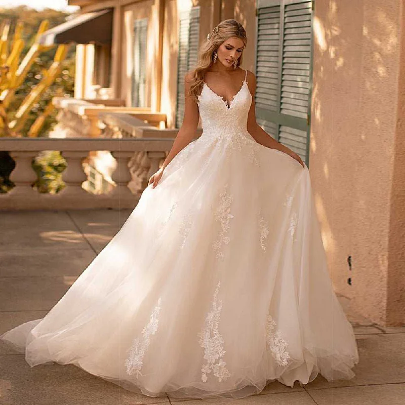 Sheath Wedding Gown Lace Appliques A Line Spaghetti Straps Wedding Dresses