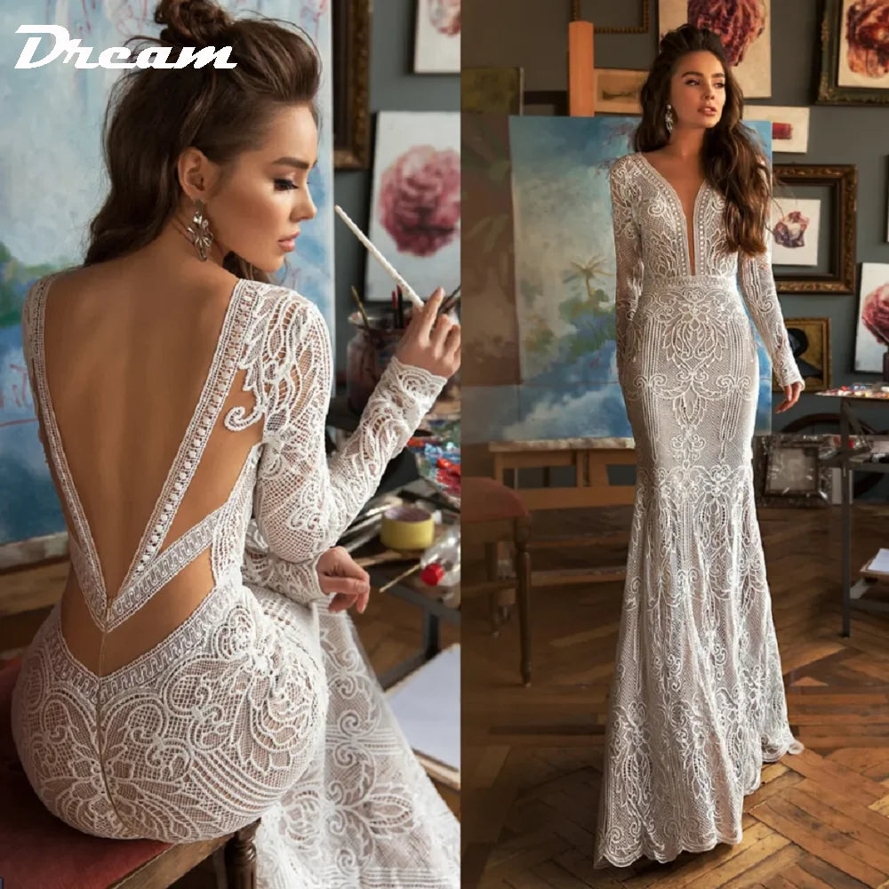 Sparkle Ball Gown DREAM Customized Deep V Neck Lace Backless Mermaid Wedding Dress Sparkle Ball Gown DREAM Customized Deep V Neck Lace Backless Mermaid Wedding Dress