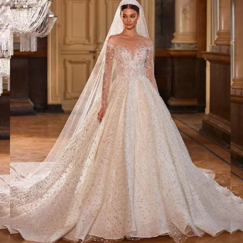 Chiffon Dress Royal French White Princess Bridal Dress: Long-Sleeved Wedding Dress with Sparkling Beads Chiffon Dress Royal French White Princess Bridal Dress: Long-Sleeved Wedding Dress with Sparkling Beads