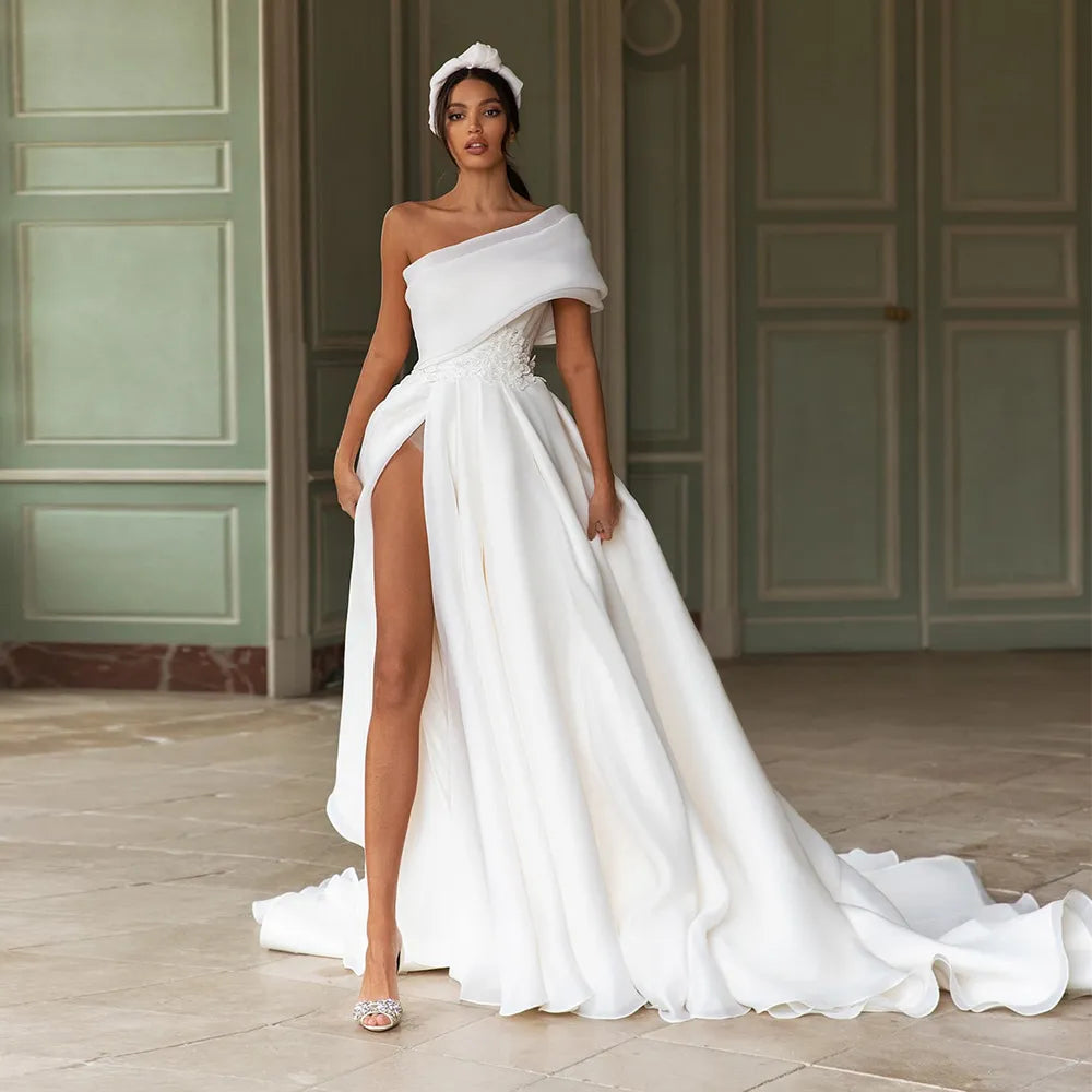 Ruched Bodice Dress Organza Wedding Dress One Shoulder Sexy Dress Slit Shirt