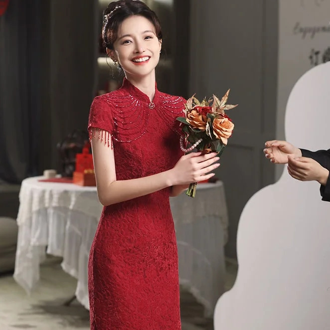 Classic Gown Cap Sleeve Floral Lace Cheongsam Toasting Dress Wedding Gown