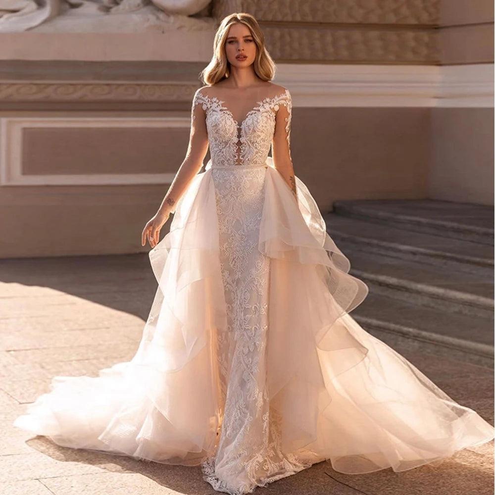 Silk Organza Gown Lace Mermaid Wedding Dress with Detachable Ruffle Skirt - Button-Up Back, Long Sleeve 2-Piece Bridal Gown with Beading Detail