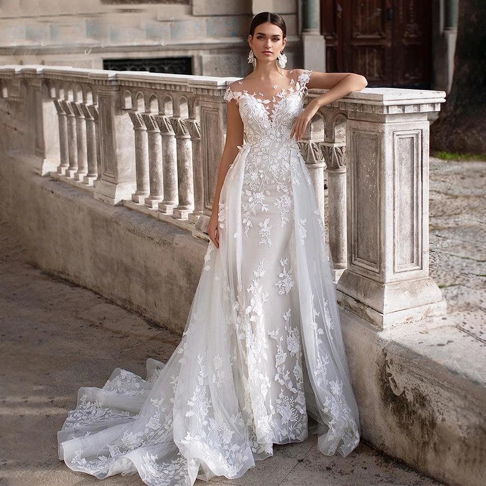 Modern Minimalist Gown Detachable Mermaid Wedding Dress - Romantic Sweetheart Appliques, Short Sleeve, Backless Bridal Gown Modern Minimalist Gown Detachable Mermaid Wedding Dress - Romantic Sweetheart Appliques, Short Sleeve, Backless Bridal Gown