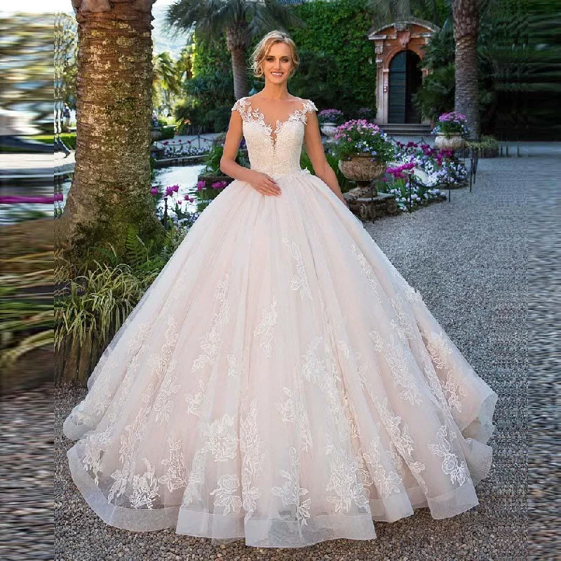 Long Sleeve Dress V Neck Lace Appliques 3D Flower Ball Gown Wedding Dress