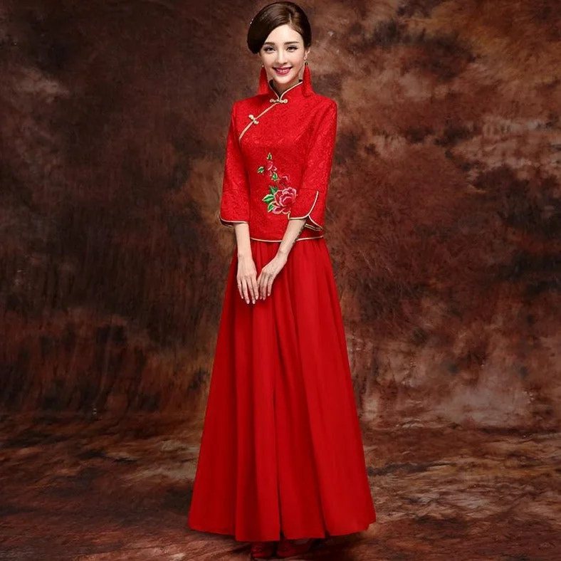 Hand-Beaded Gown Lace Cheongsam Top Chiffon Skirt Chinese Wedding Dress