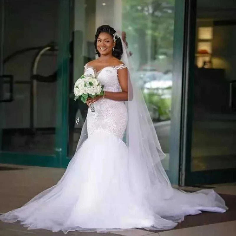 Shimmering Satin Dress African White Bridal Gowns Mermaid Wedding Dresses
