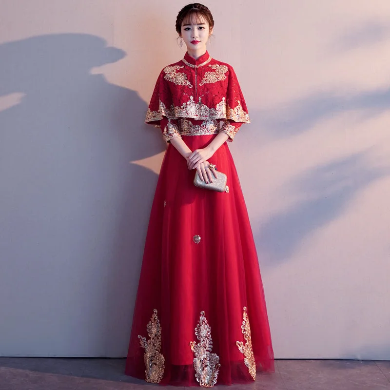 Contemporary Bridal Gown Bolero Top Floral Embroidery Tulle Skirt Chinese Wedding Dress Contemporary Bridal Gown Bolero Top Floral Embroidery Tulle Skirt Chinese Wedding Dress