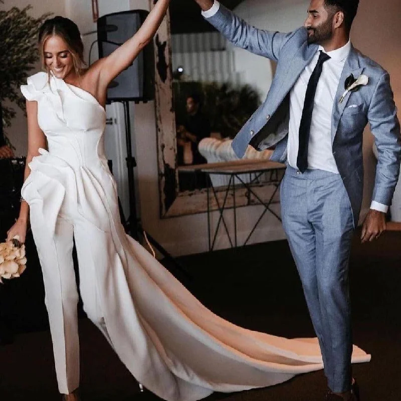Luxury Lace Gown Custom Made White Satin One Shoulder Ruched Bridal Jumpsuit Wedding Dresses Luxury Lace Gown Custom Made White Satin One Shoulder Ruched Bridal Jumpsuit Wedding Dresses