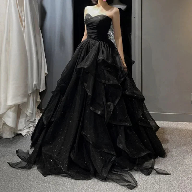 Fairytale Gown Customized Temperament Black Elegant Wedding Party Dresses Strapless Tiered Draped Prom Robe 2024 New Ball Gown Formal Dress Wom