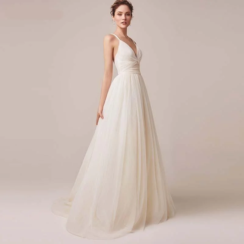 Short Wedding Dress Spaghetti Straps Tulle V-neck Backless Bridal Dresses