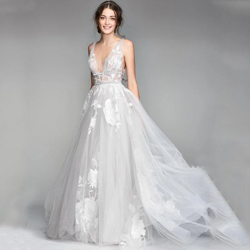 Illusion Neckline Dress 3D Flower Lace Appliques 2021 V-Neck Backless A-Line Tulle Wedding Dress Illusion Neckline Dress 3D Flower Lace Appliques 2021 V-Neck Backless A-Line Tulle Wedding Dress