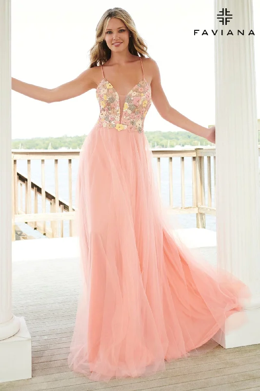 V-Neck Floral Sequin Prom Dress With Flowy Tulle Skirt | 11001