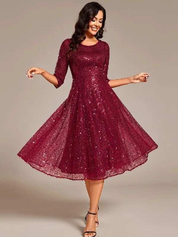 3/4 Sleeve Sparkly Sequin Round Neck Midi Wedding Guest Dress