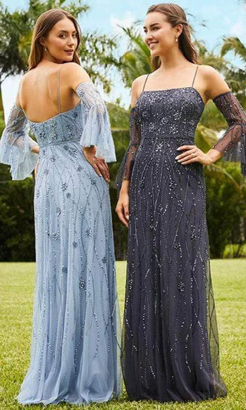 Sparkle Ball Gown Adrianna Papell Platinum - 40349 Straight Across Embellished Mesh Gown