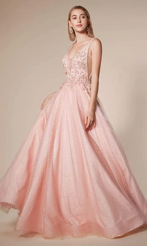 Luxury Lace Gown Andrea and Leo - A0696 Floral Appliqued Beaded V Cut Bodice Ballgown