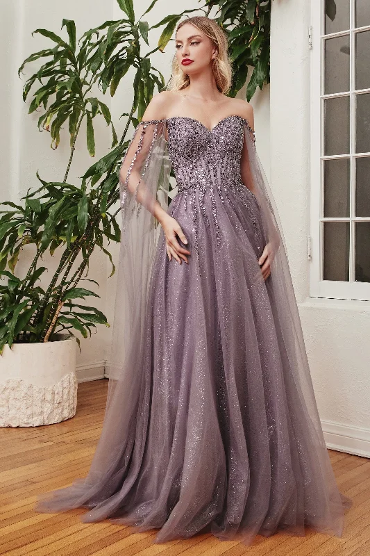 Princess Gown Beaded Cape Sleeve Gown by Ladivine CD0204