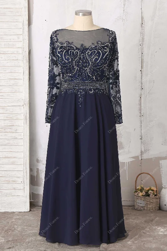 Beaded Lace Navy Chiffon Sleeve Plus Size Dress