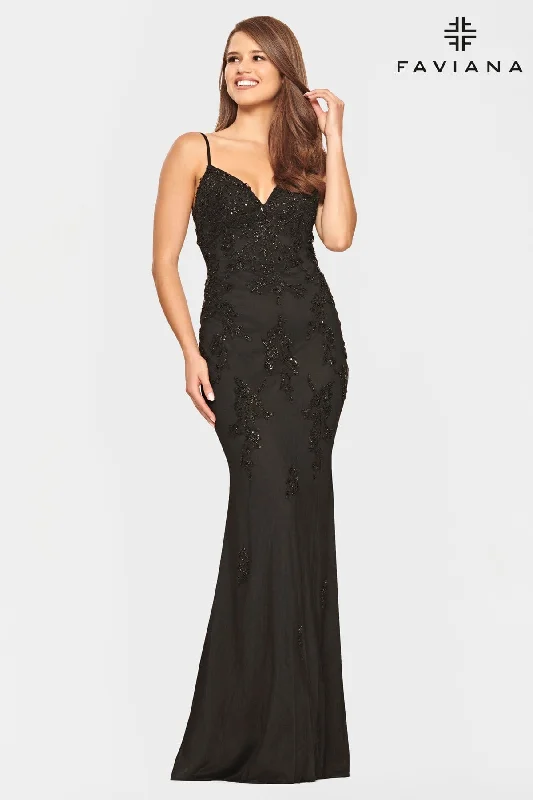 Black Beaded Lace Long V Neck Dress With Open Back | S10633