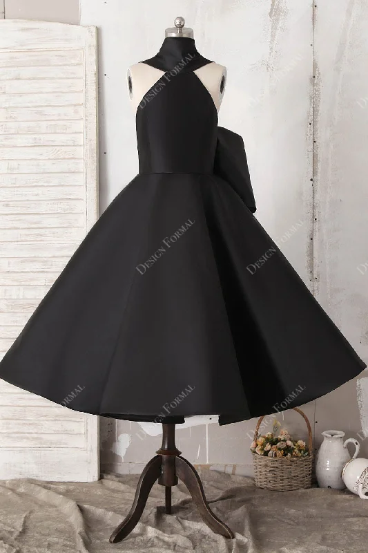 Black Satin Halter Neck Sleeveless Bowknot Tea Length Classic Dress