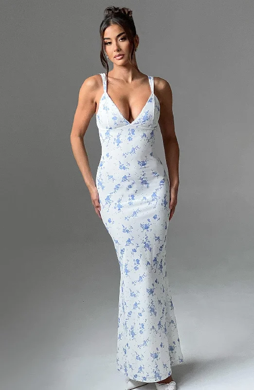 Luxury Lace Gown Caoimhe Maxi Dress - Blue Ditsy Print
