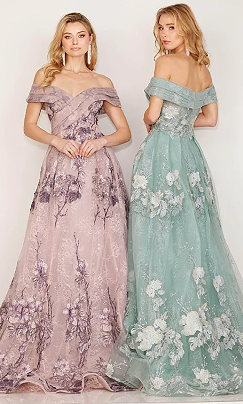 Embroidered Satin Dress Cecilia Couture 193 - Off Shoulder Floral Lace Dress