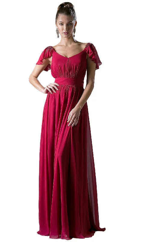 Feathered Gown Cinderella Divine - Embellished Ruched Wide V-neck A-line Dress